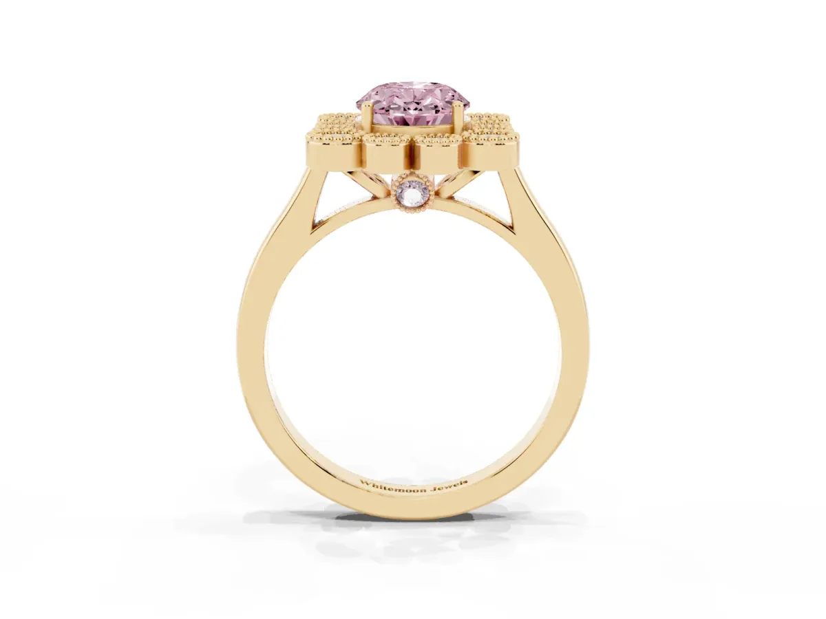 Fancy Pink Oval Cut Halo Diamond Cluster Engagement Ring with Milgrain Bezel Setting and Solitaire Band Yellow gold