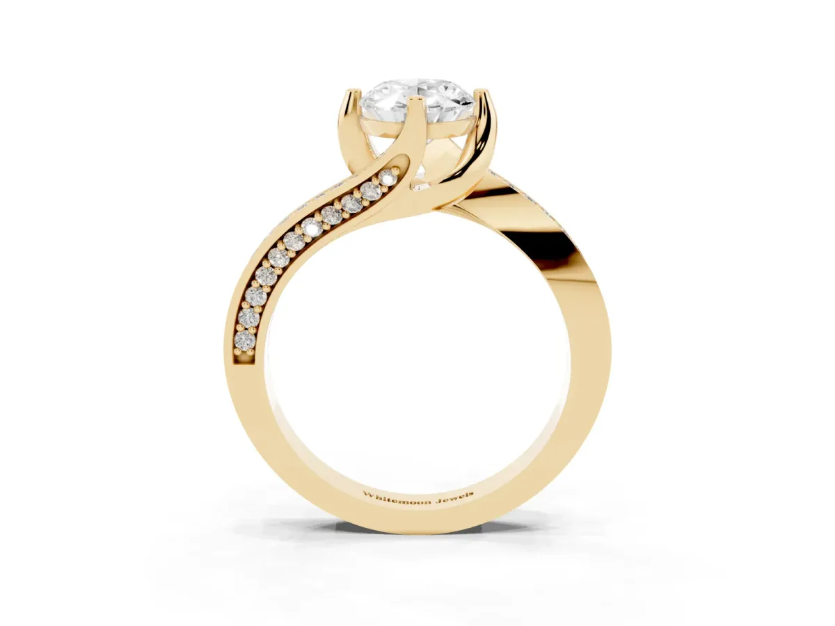 Oval Cut Solitaire Diamond Twist Band with Pavé Setting and Four-Prong Setting Yellow gold