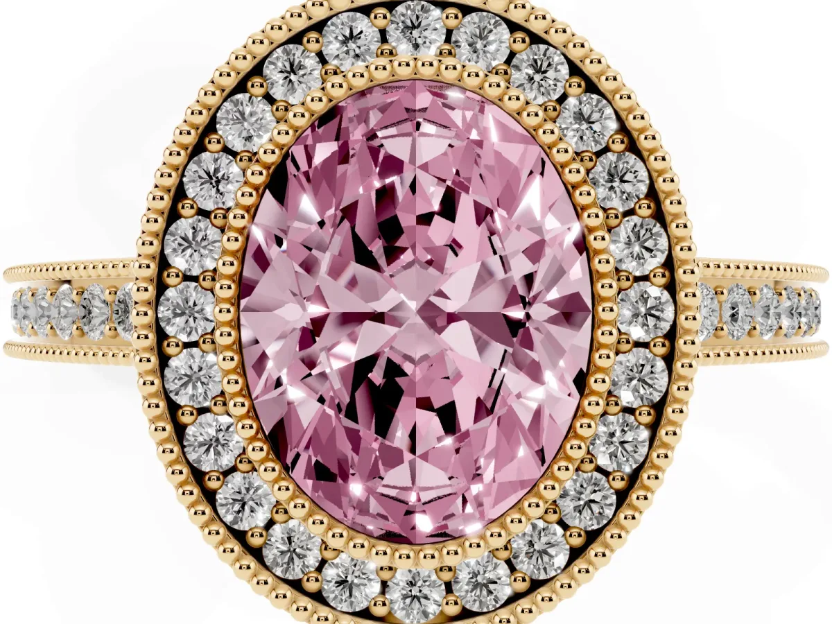 Fancy Pink Oval Cut Cut Halo Diamond Ring with Pavé Band and Milgrain Prong Setting Yellow gold