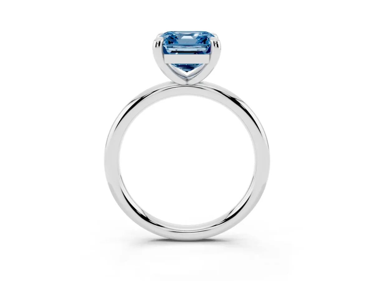 Fancy Blue Asscher Cut Solitaire Diamond Ring with Four-Prong Setting on a Plain Band Platinum