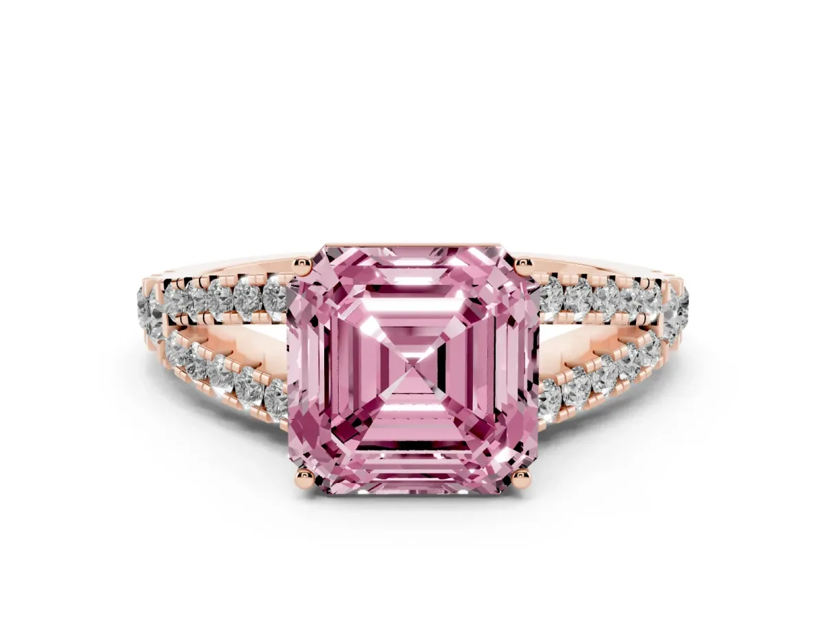 Fancy Pink Asscher Cut Diamond Split Shank Pavé Engagement Ring with Four-Prong Setting Rose gold