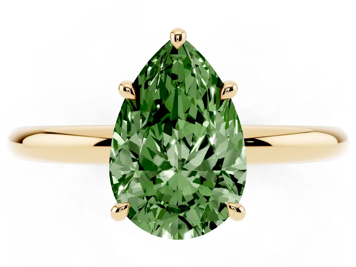 Fancy Green Pear Cut Diamond Solitaire Ring with Thin Band and Four-Prong Setting Yellow gold