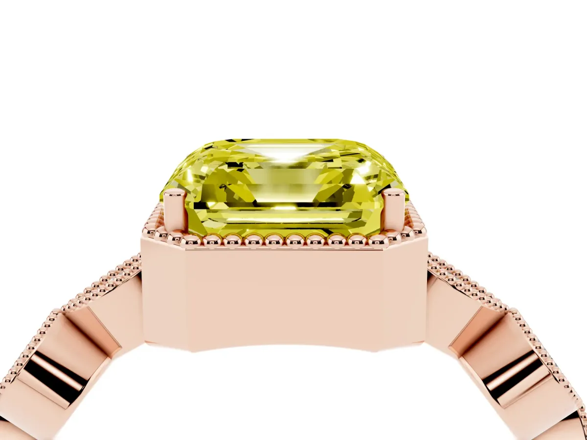 Fancy Yellow Asscher Cut Diamond Vintage Milgrain Ring with Round Stations Rose gold