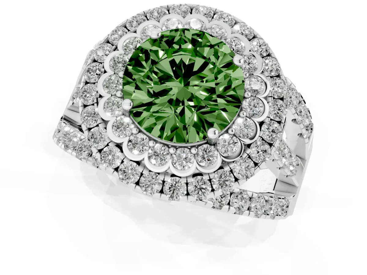 Fancy Green Round Cut Diamond Double Halo Ring with Round Pavé Split Shank and Prong Setting Silver