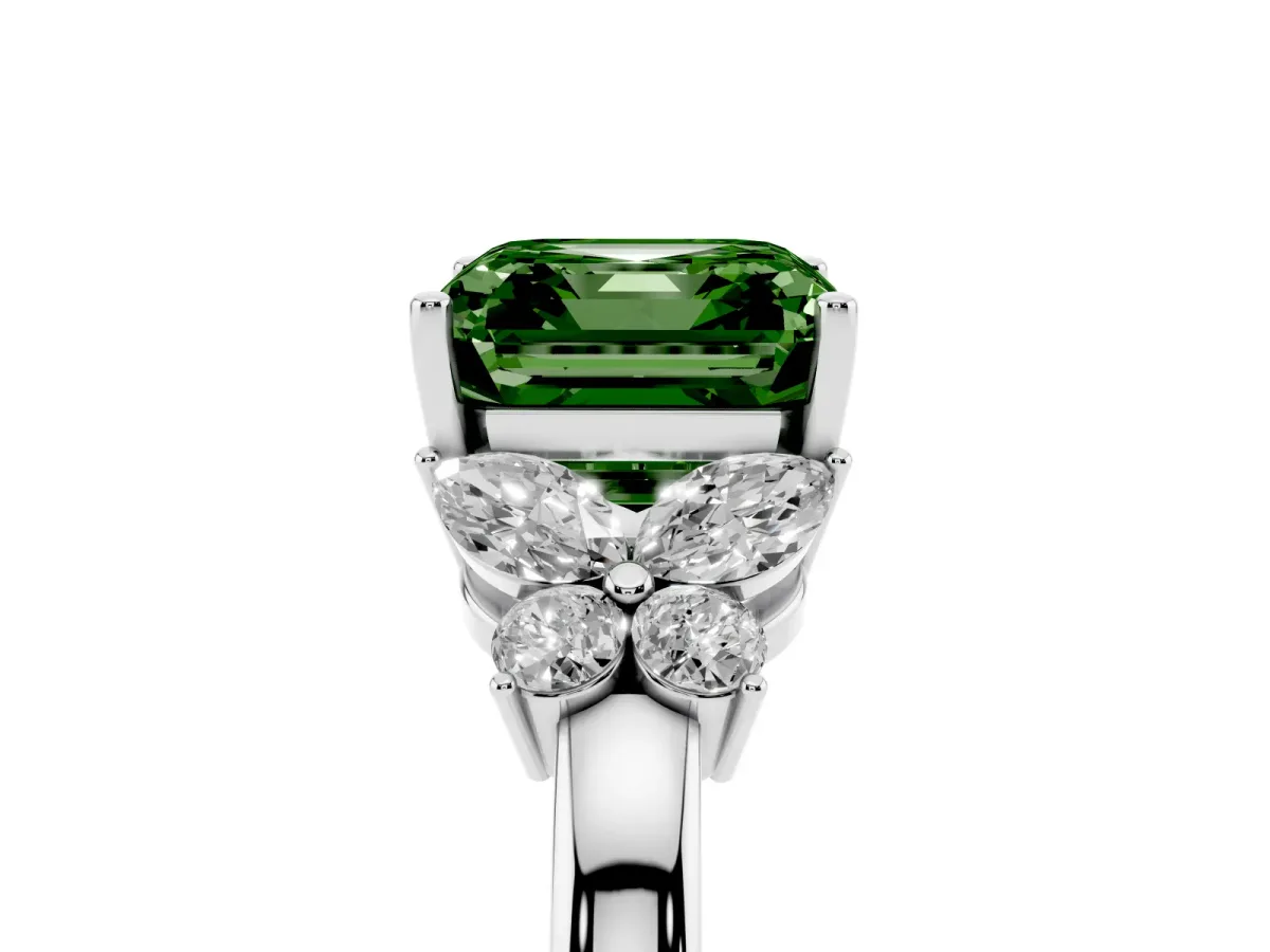 Fancy Green Asscher Cut Cut Solitaire Floral Diamond Ring with Four-Prong Setting Silver
