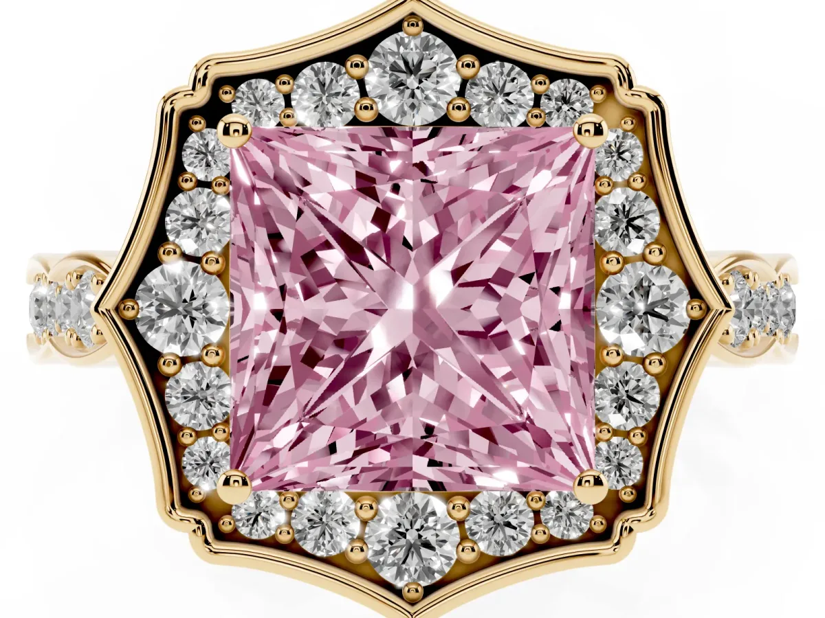 Fancy Pink Princess Cut Halo Diamond Engagement Ring with Milgrain Band and Four-Prong Setting Yellow gold