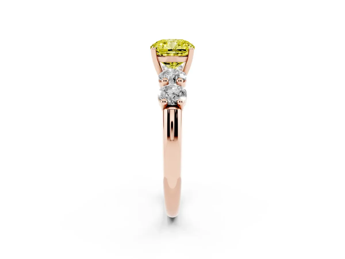 Fancy Yellow Cushion Cut Cut Five-Stone Prong Set Diamond Ring with Classic Band Rose gold