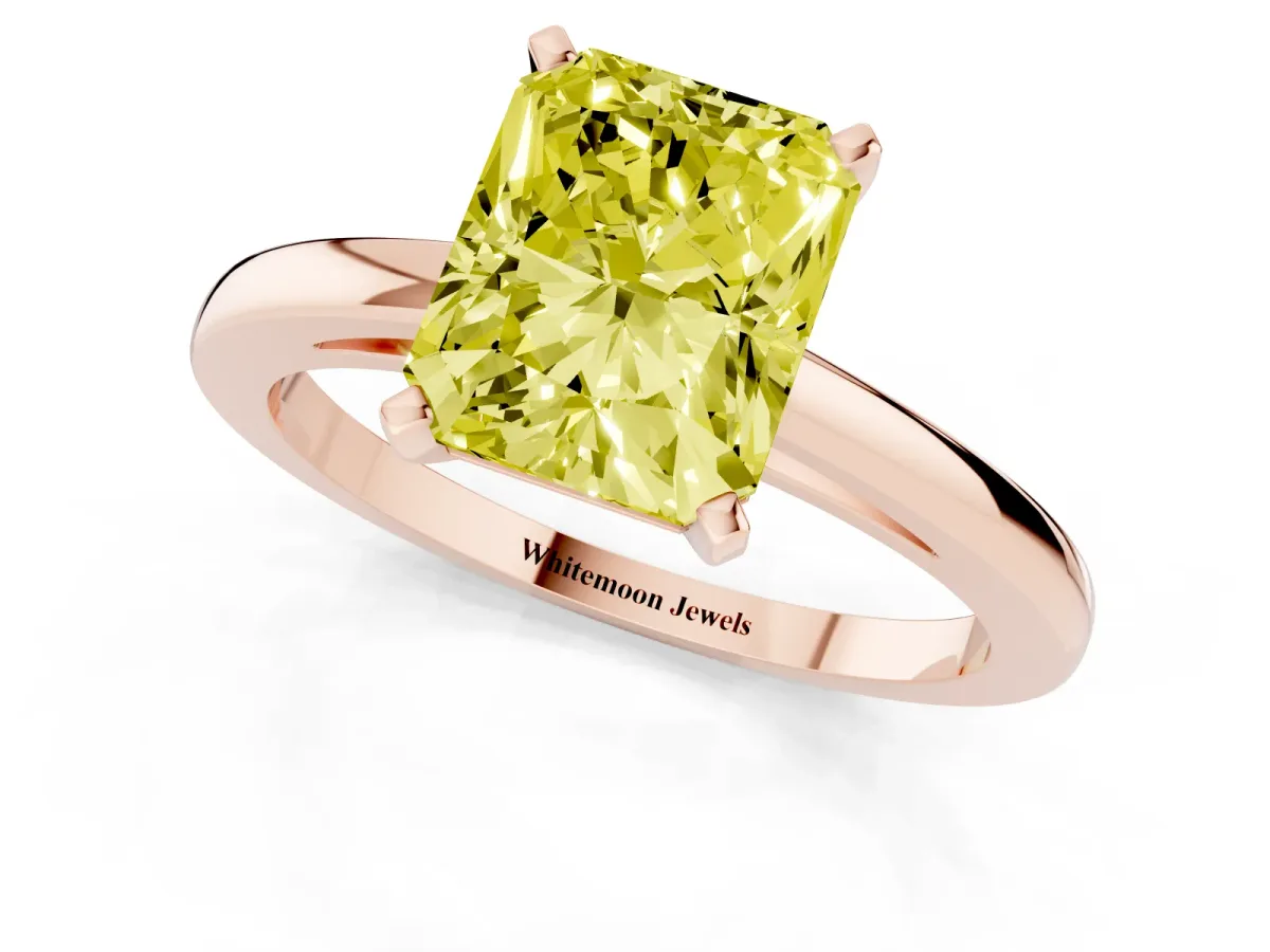 Fancy Yellow Radiant Cut Solitaire Diamond Engagement Ring with Four-Prong Setting on a Classic Band Rose gold