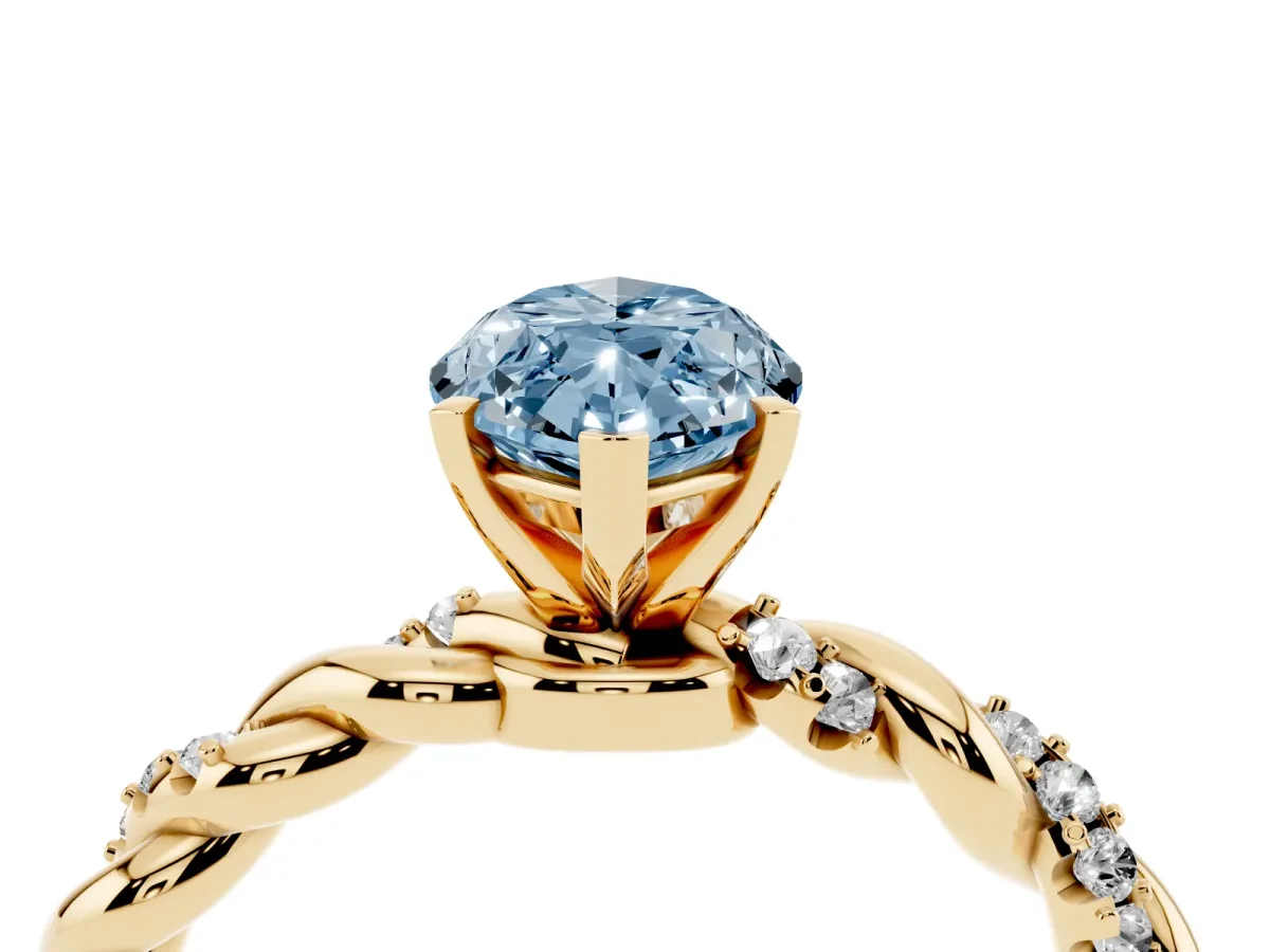 Fancy Blue Marquise Cut Diamond Solitaire Ring with Twisted Band and Pavé Accents Yellow gold