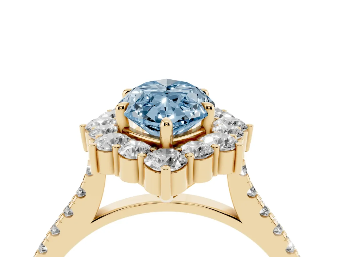 Fancy Blue Marquise Cut Halo Diamond Ring with Pavé Band and Prong Setting Yellow gold