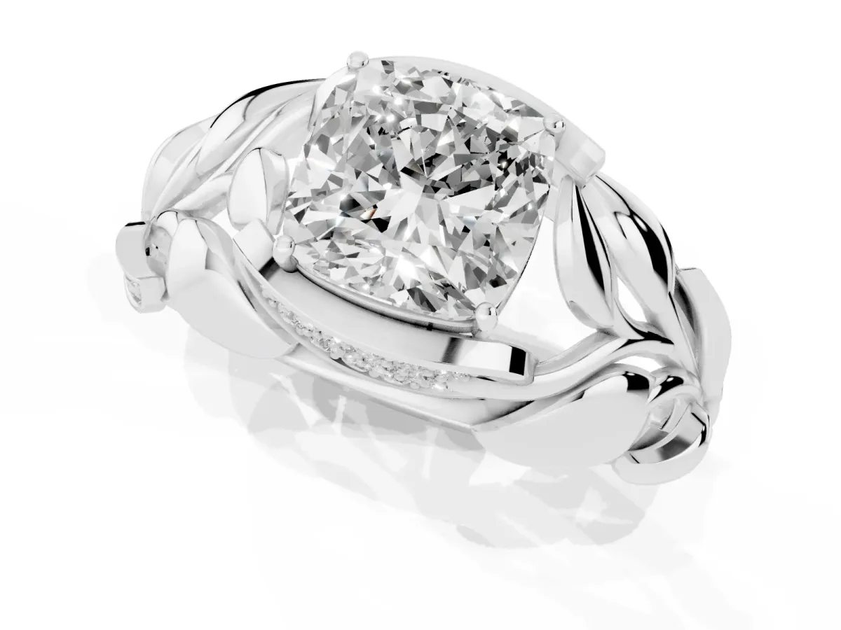 Cushion Cut Diamond Leaf-Inspired Engagement Ring with Round Accents and Prong Setting Silver