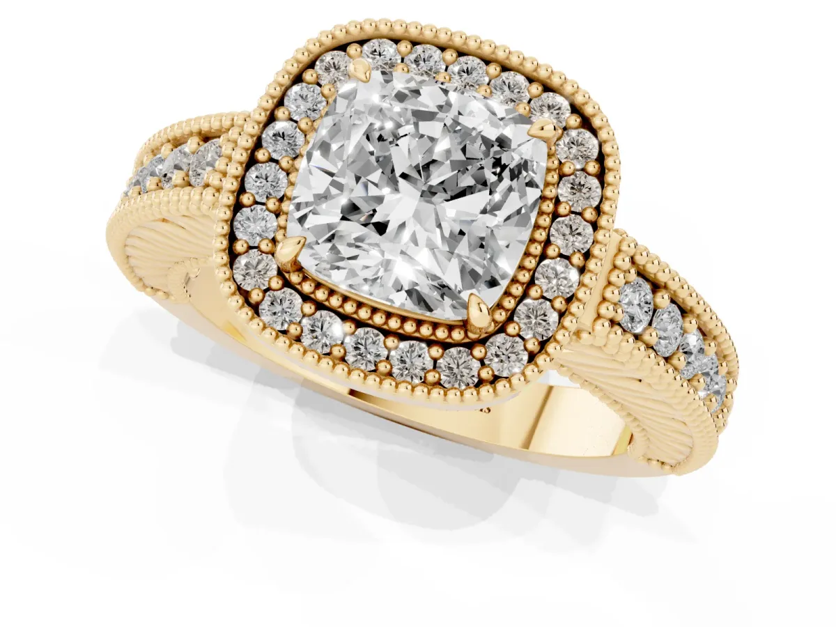 Cushion Cut Cut Halo Diamond Ring with Pavé Band and Four-Prong Setting Yellow gold