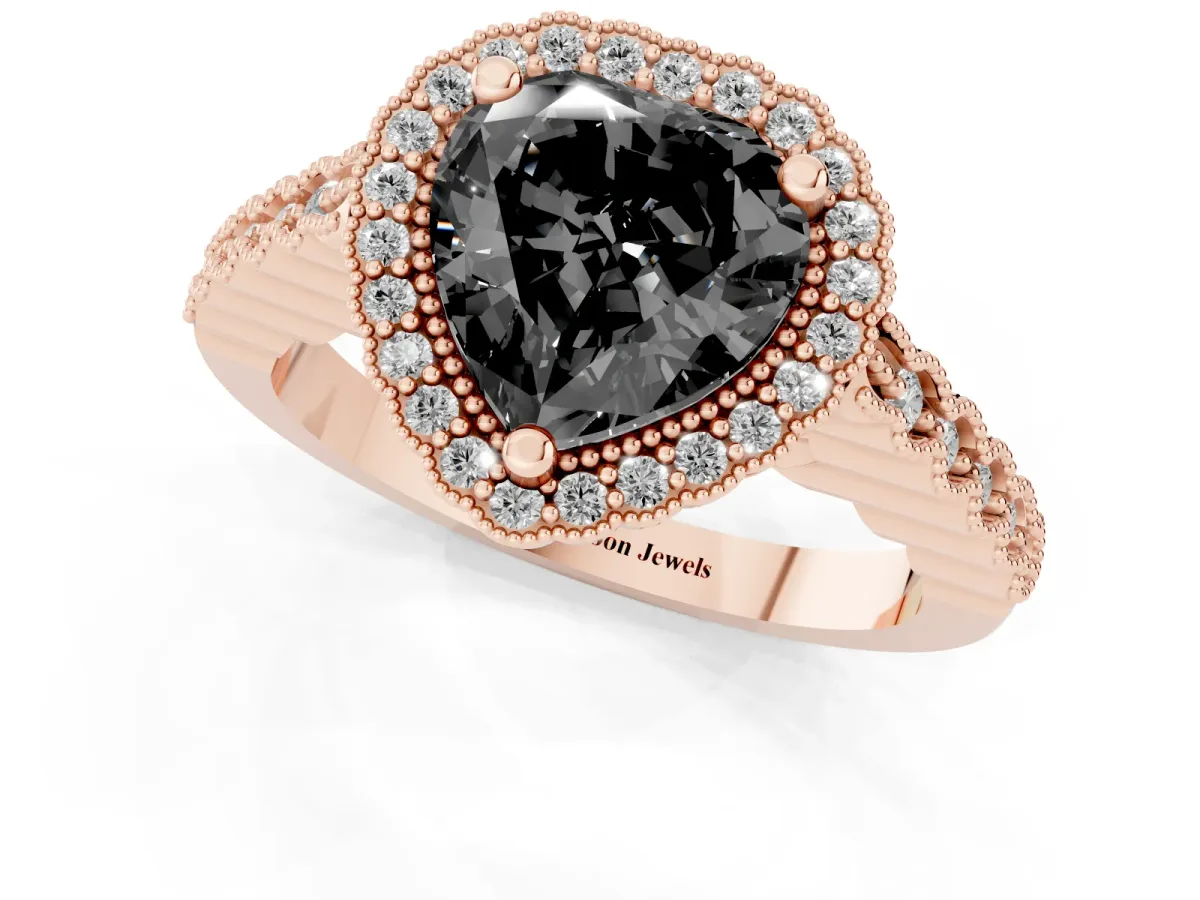 Fancy Black Heart Cut Cut Halo Pavé Solitaire Ring with Milgrain Band Rose gold