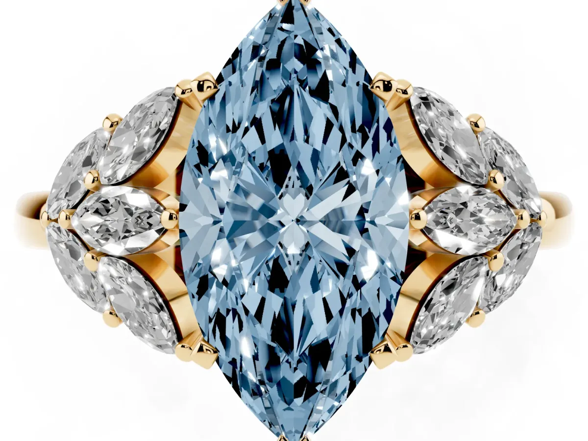 Fancy Blue Marquise Cut Diamond Cluster Leaf Design Ring with Prong Setting Yellow gold