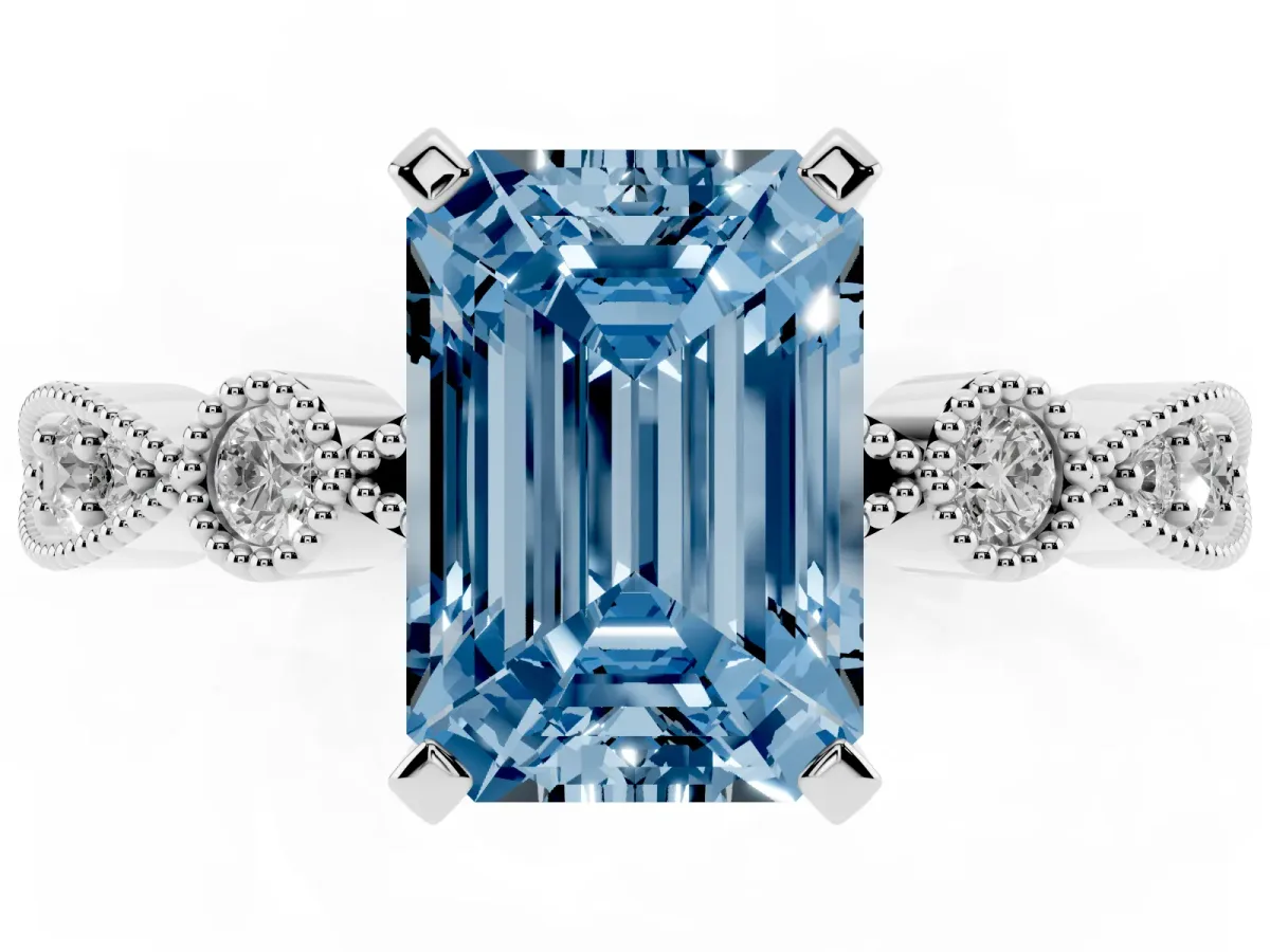 Fancy Blue Emerald Cut Milgrain Bezel Diamond Engagement Ring with Solitaire Prong Setting Silver