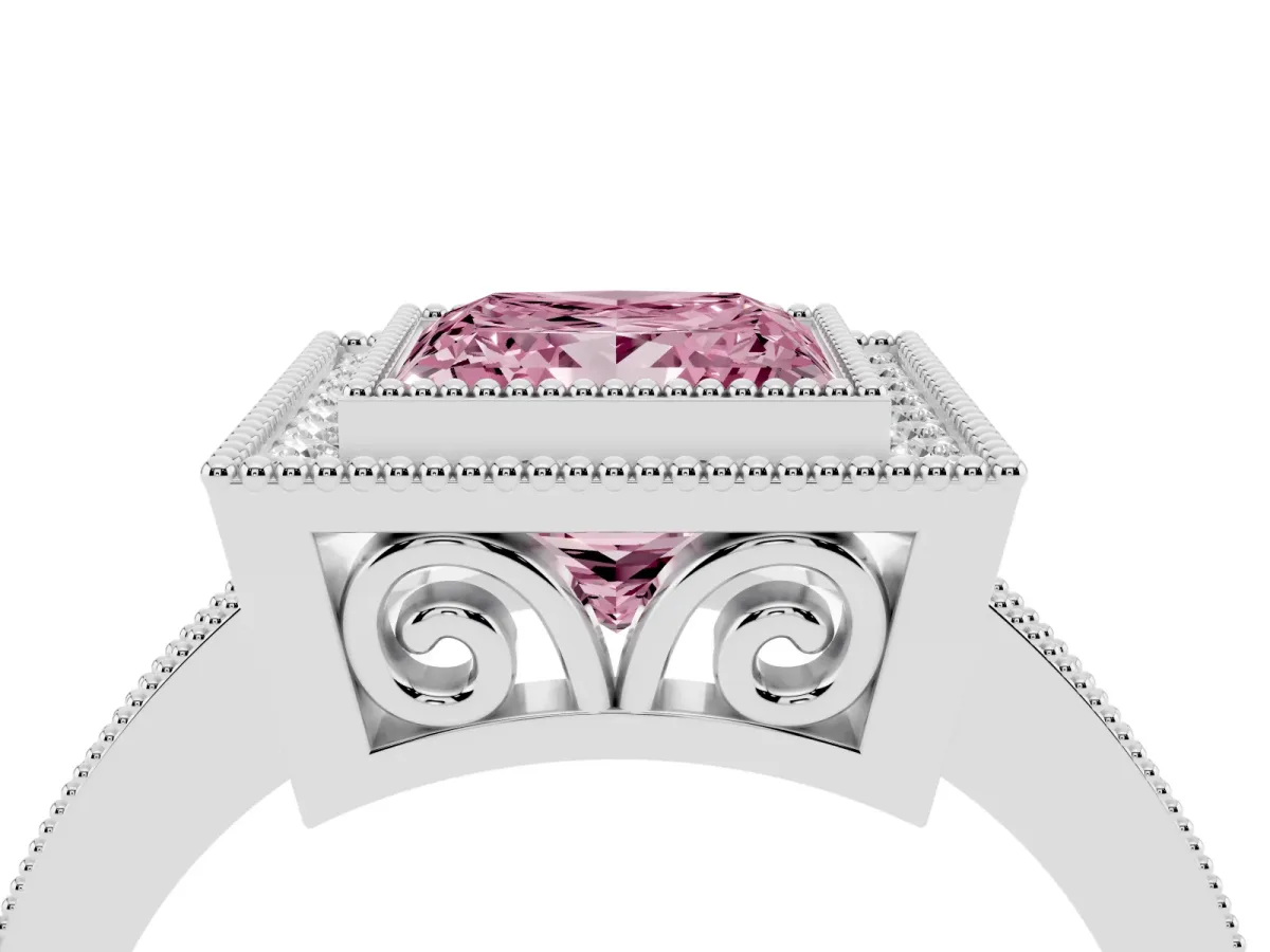 Fancy Pink Princess Cut Cut Halo Diamond Ring with Pavé Band and Milgrain Prong Setting Platinum