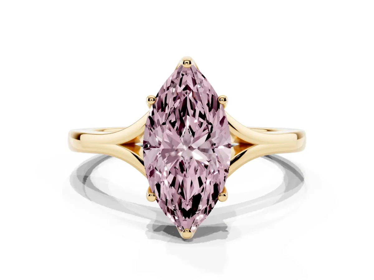 Fancy Pink Marquise Cut Solitaire Diamond Ring with Six-Prong Setting and Tapered Band Yellow gold