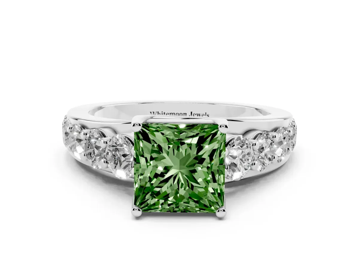 Fancy Green Princess Cut Diamond Engagement Ring with Pavé Band and Four-Prong Setting Silver