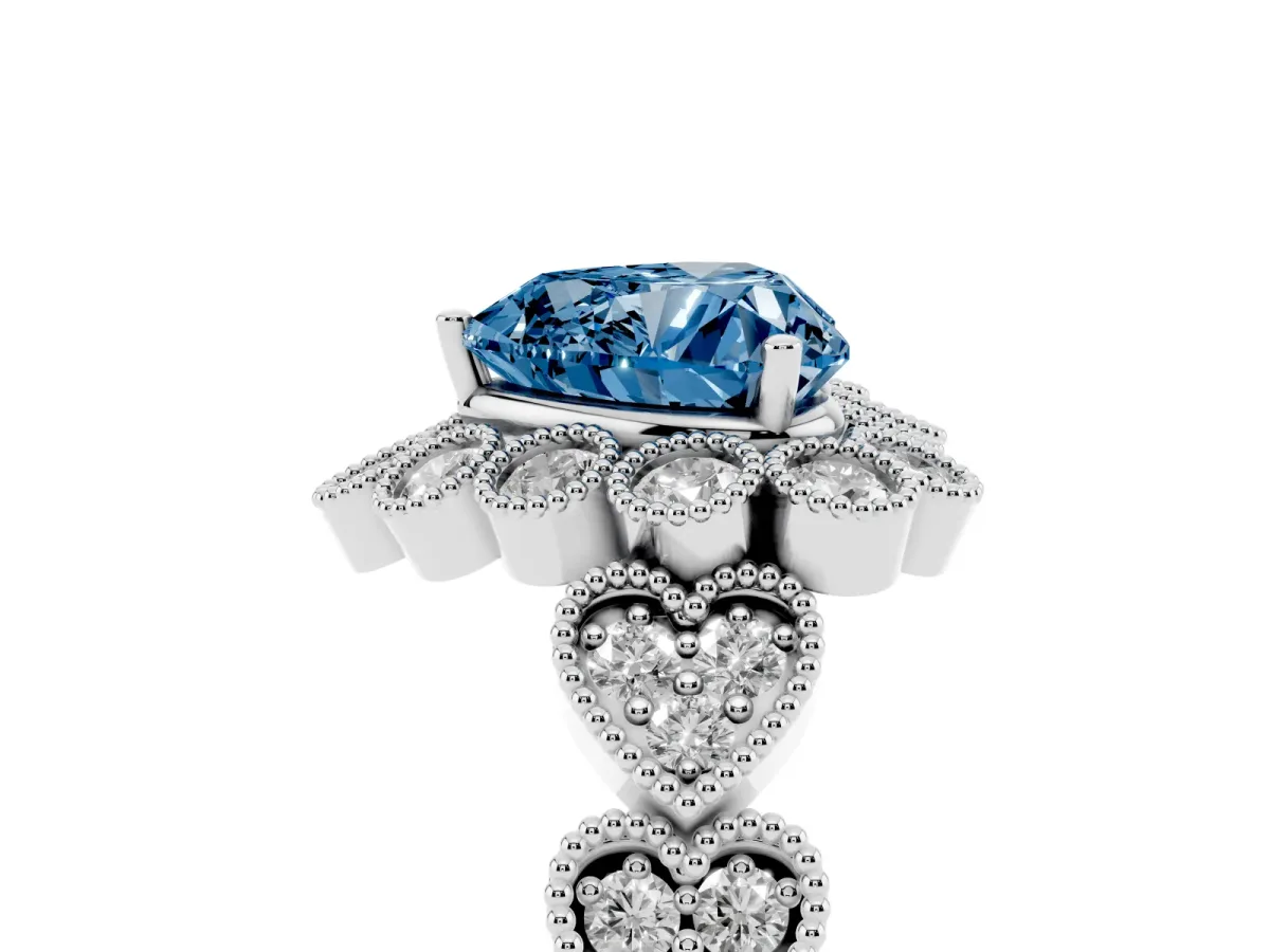 Fancy Blue Heart Cut Brilliant Milgrain Pave Heart Band Solitaire Ring White gold