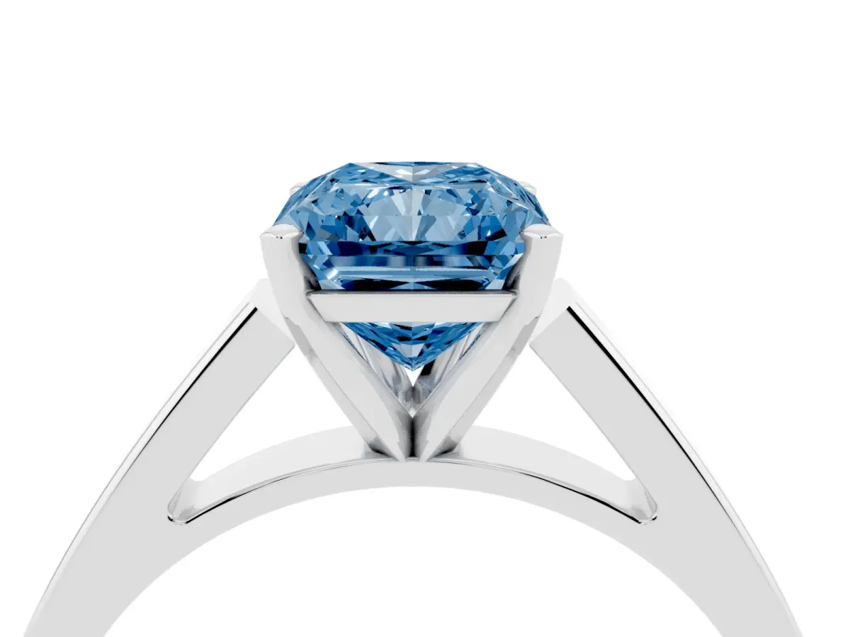 Fancy Blue Radiant Cut Solitaire Engagement Ring with Four-Prong Setting and Tapered Band Silver