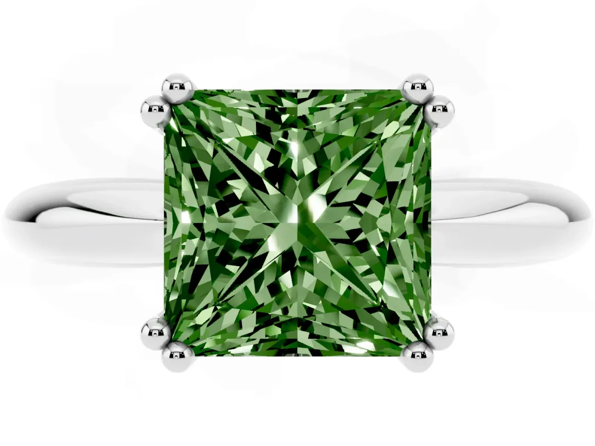 Fancy Green Princess Cut Cut Solitaire Engagement Ring with Tapered Band and Four-Prong Setting Silver