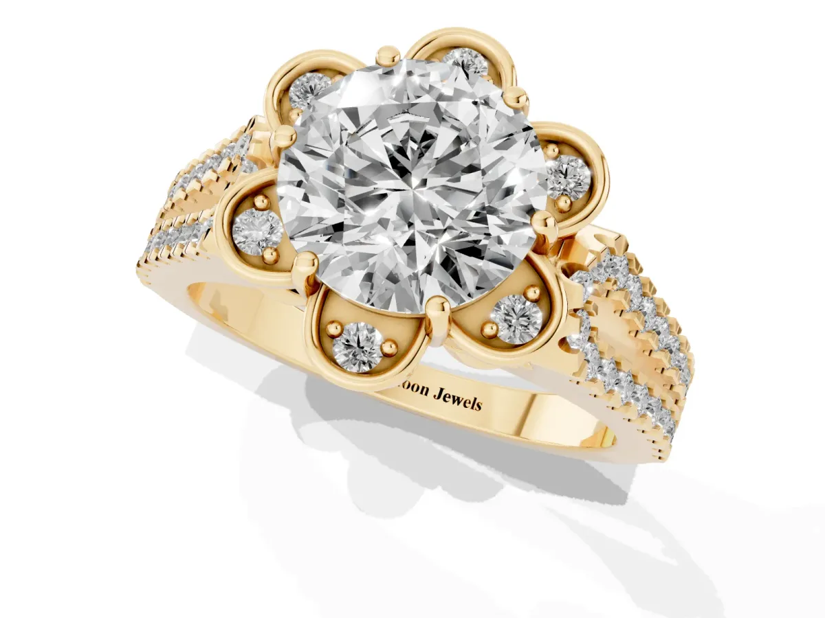 Round Cut Halo Diamond Floral Split Shank Engagement Ring Yellow gold