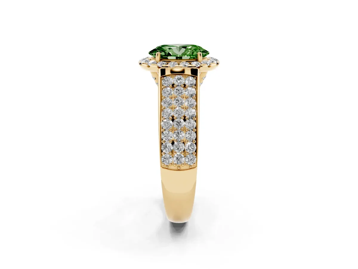 Fancy Green Oval Cut Halo Round Diamond Pave Band with Prong Setting Yellow gold