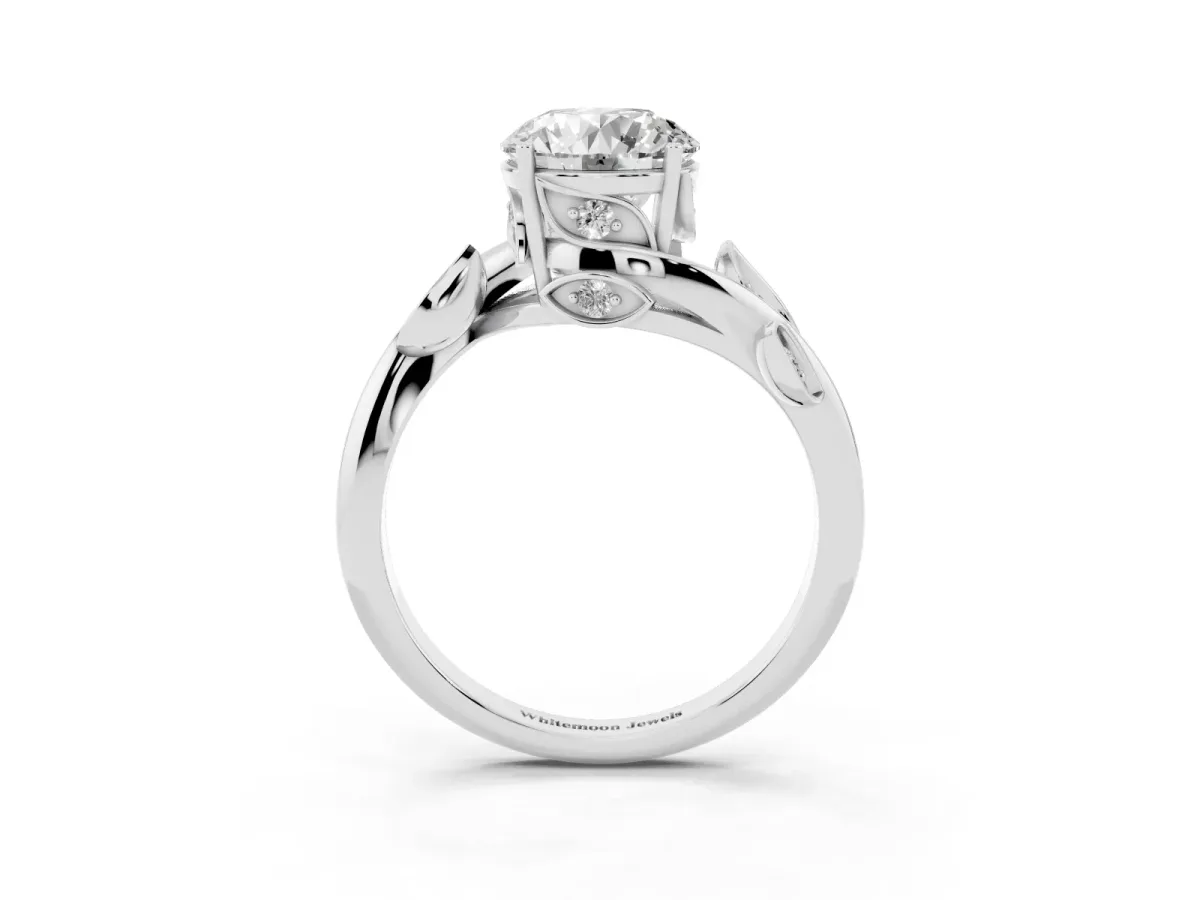 Round Cut Solitaire Twist Engagement Ring with Leaf Accents and Prong Setting Silver