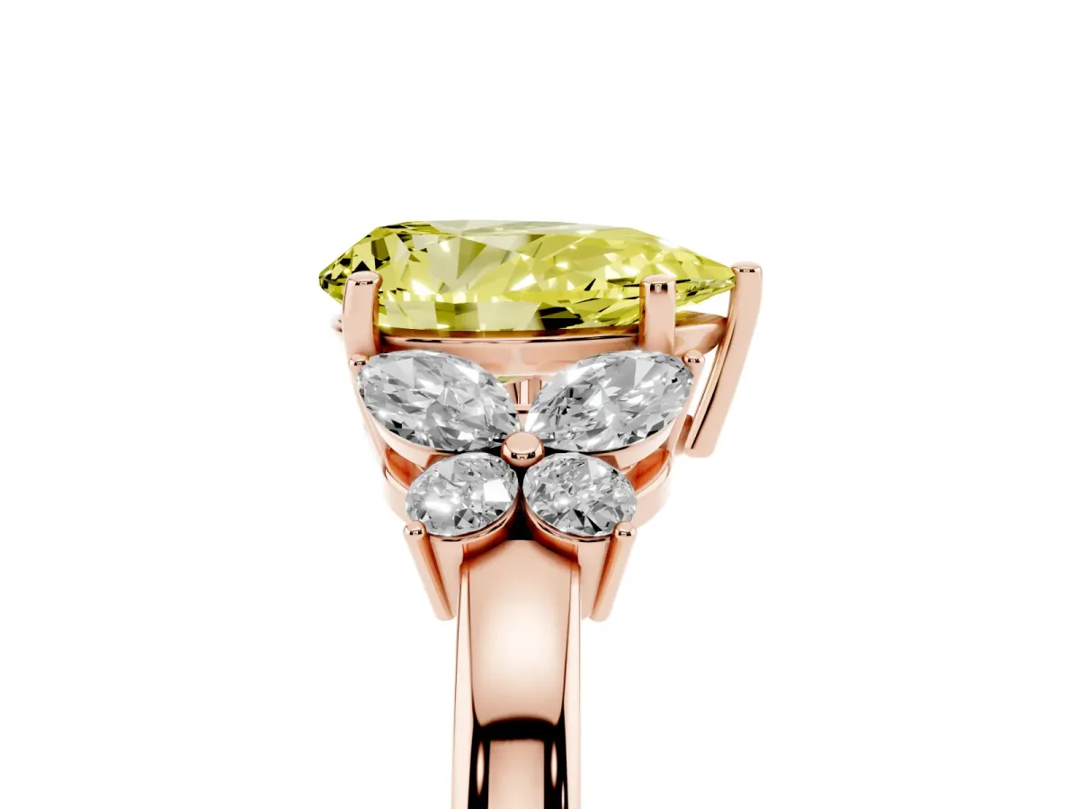 Fancy Yellow Pear Cut Cut Solitaire Floral Diamond Ring with Four-Prong Setting Rose gold