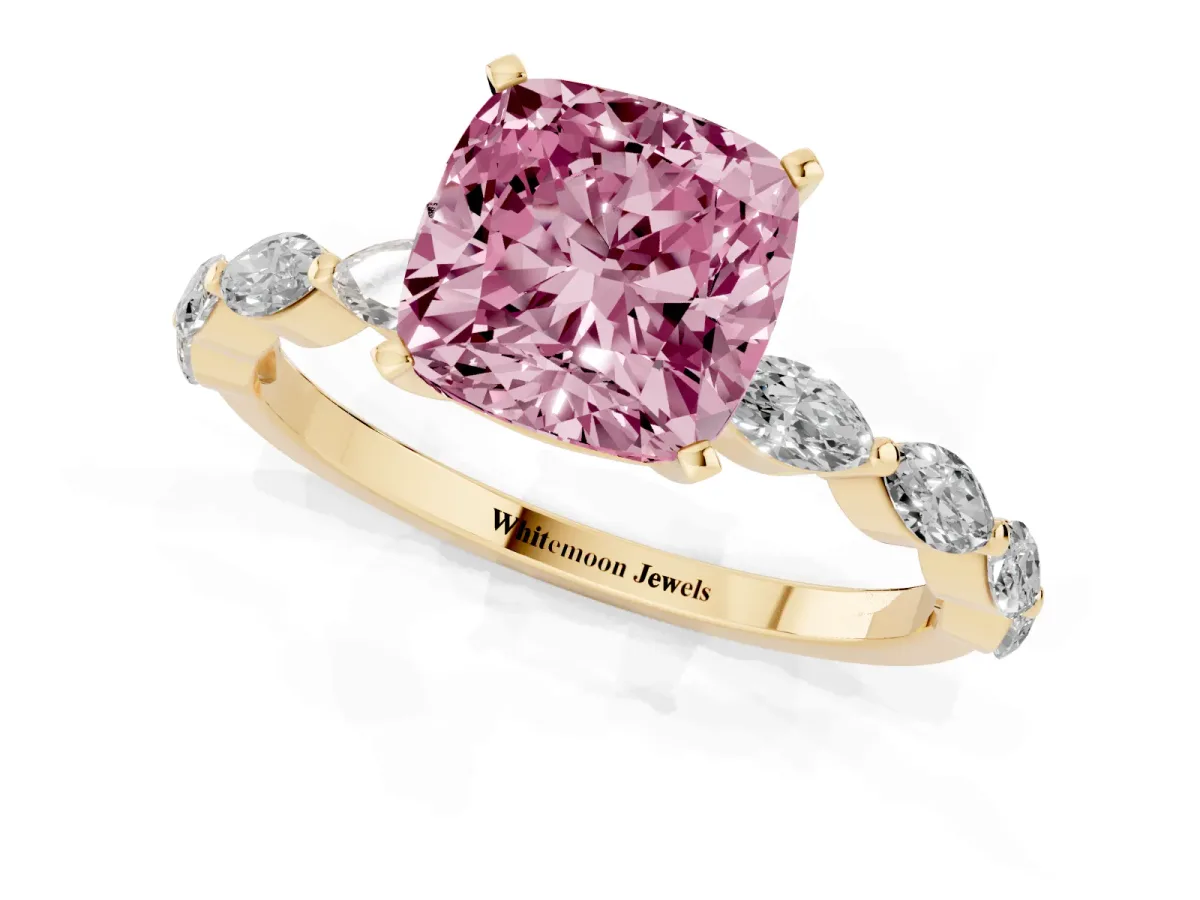 Fancy Pink Cushion Cut Diamond Ring with Marquise Side Stones and Prong Setting Yellow gold