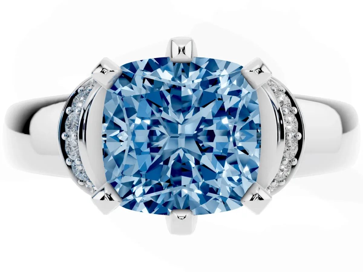 Fancy Blue Cushion Cut Solitaire Diamond Ring with Pave Band and Six-Prong Setting Silver