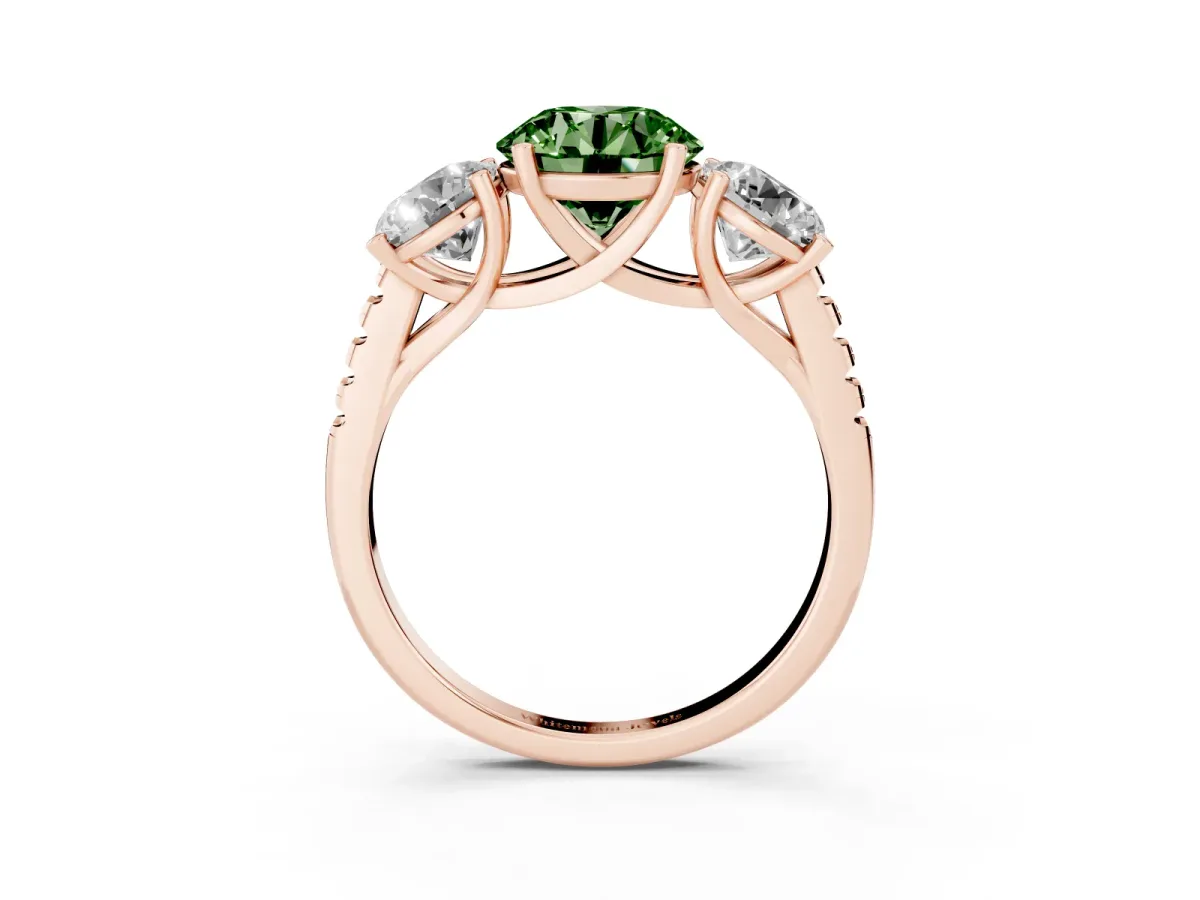 Fancy Green Three-Stone Round Cut Diamond Ring with Round Pavé Band and Prong Setting Rose gold