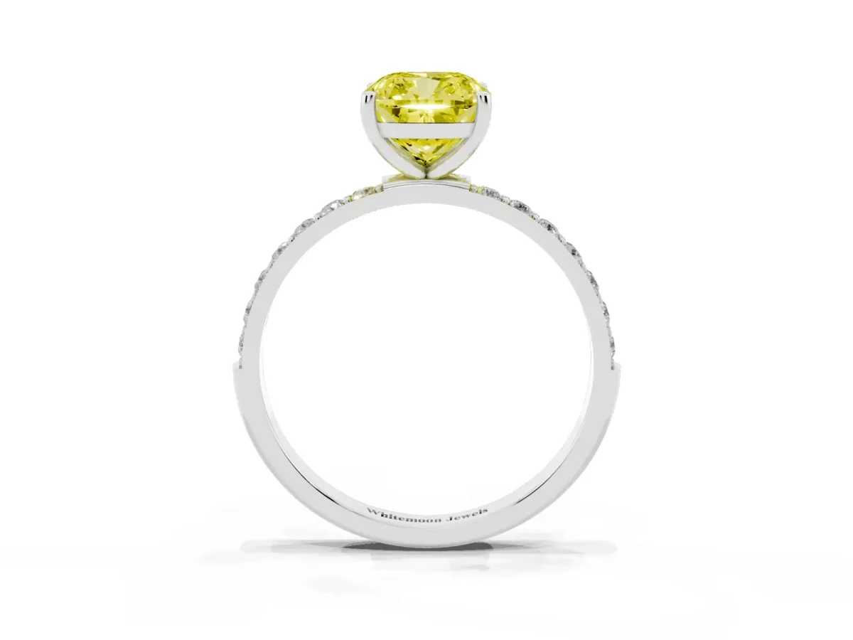 Fancy Yellow Cushion Cut Diamond Solitaire Ring with Round Pavé Shoulders and Prong Setting Silver