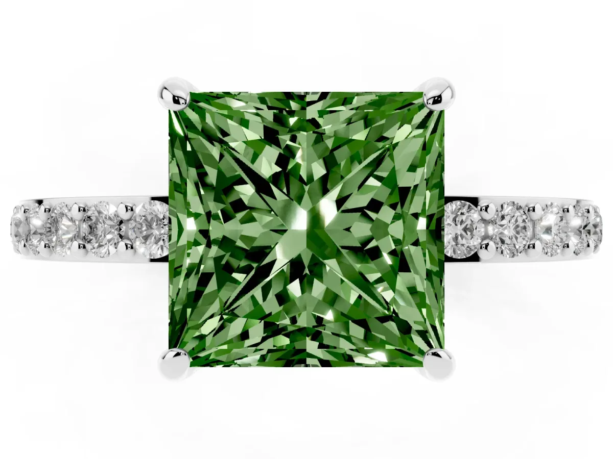 Fancy Green Princess Cut Diamond Pavé Engagement Ring with Round Accents and Prong Setting Platinum