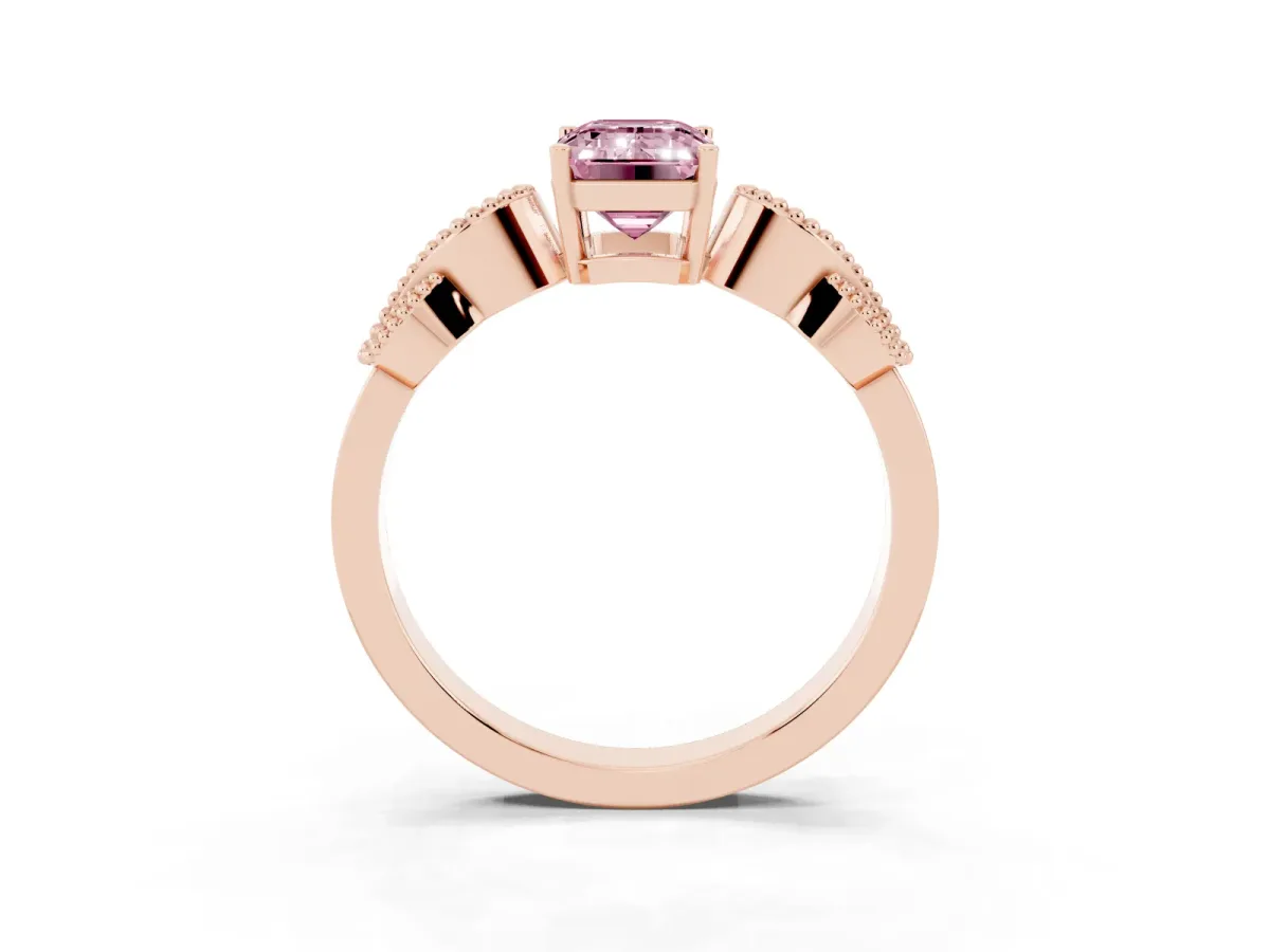 Fancy Pink Emerald Cut Solitaire Milgrain Leaf Band with Prong Setting Rose gold
