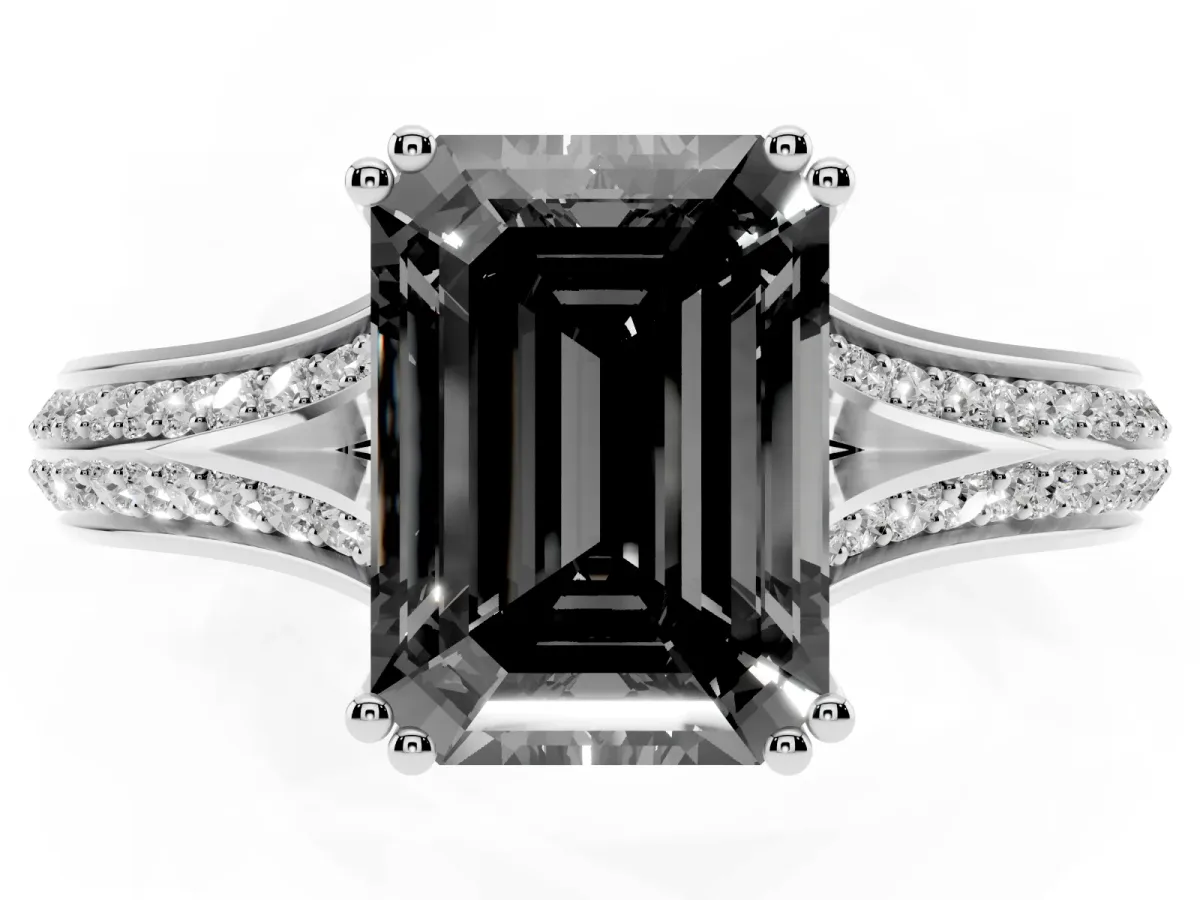 Fancy Black Emerald Cut Diamond Split Shank Engagement Ring with Pavé Band Silver