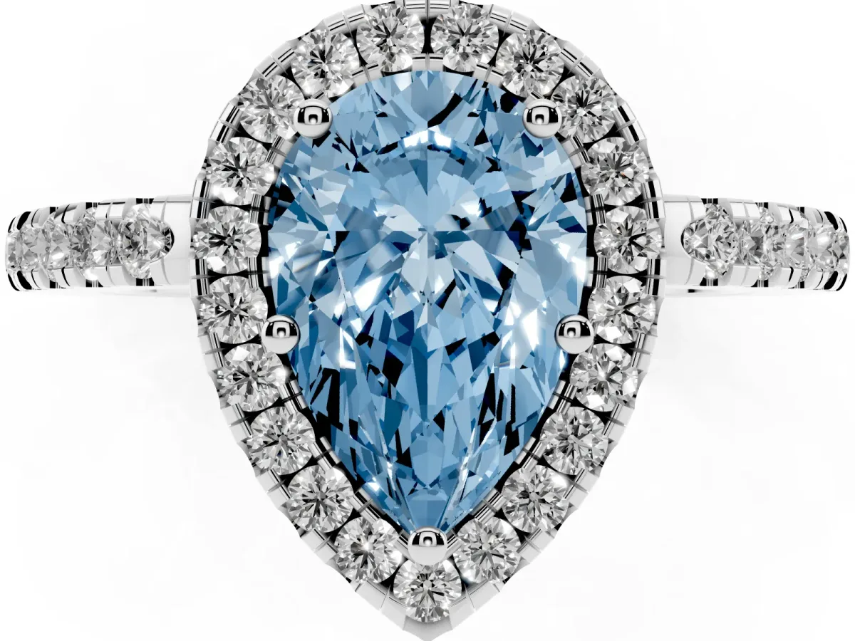 Fancy Blue Pear Cut Halo Diamond Engagement Ring with Pavé Band and Four-Prong Setting Platinum