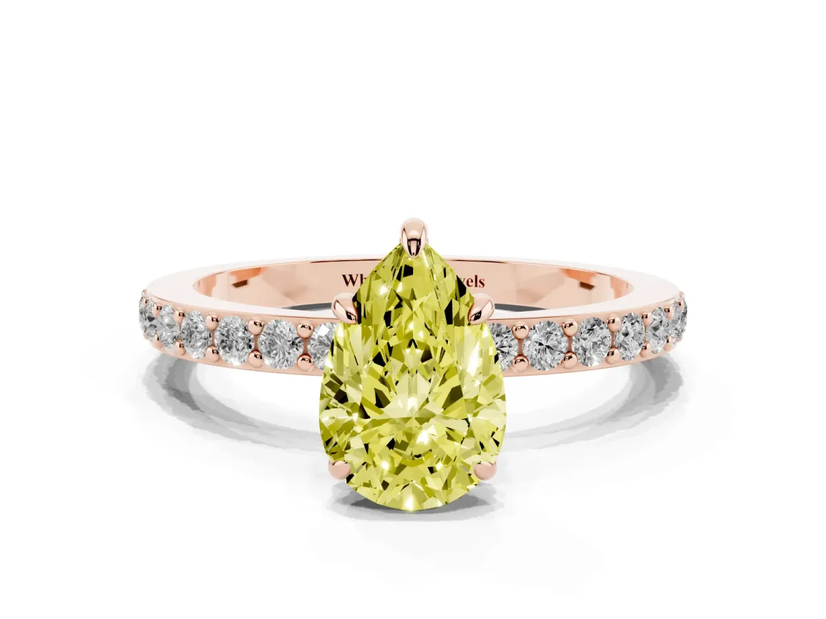 Fancy Yellow Pear Cut Diamond Pavé Engagement Ring with Round Accents and Prong Setting Rose gold