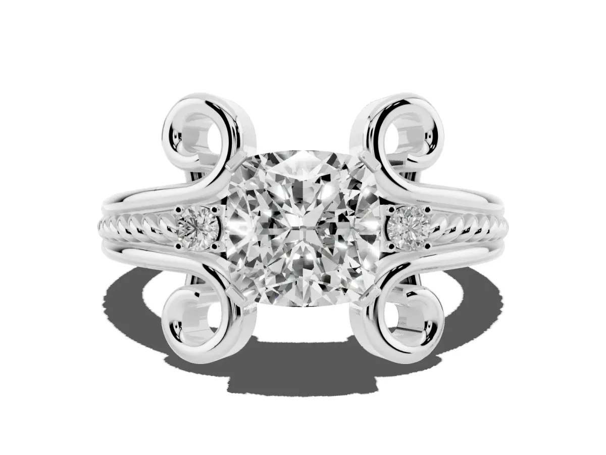 Cushion Cut Solitaire Twisted Band Scroll Prong Ring Silver