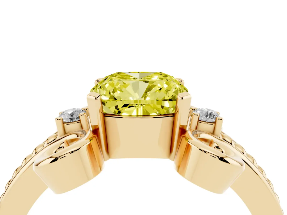 Fancy Yellow Cushion Cut Solitaire Twisted Band Scroll Prong Ring Yellow gold