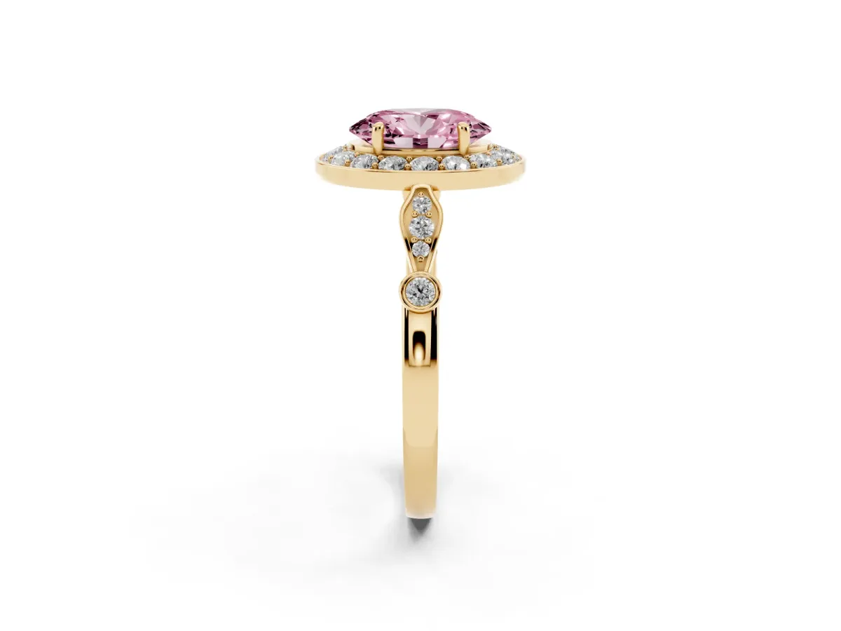 Fancy Pink Oval Cut Halo Diamond Engagement Ring with Twisted Band and Four-Prong Setting Yellow gold