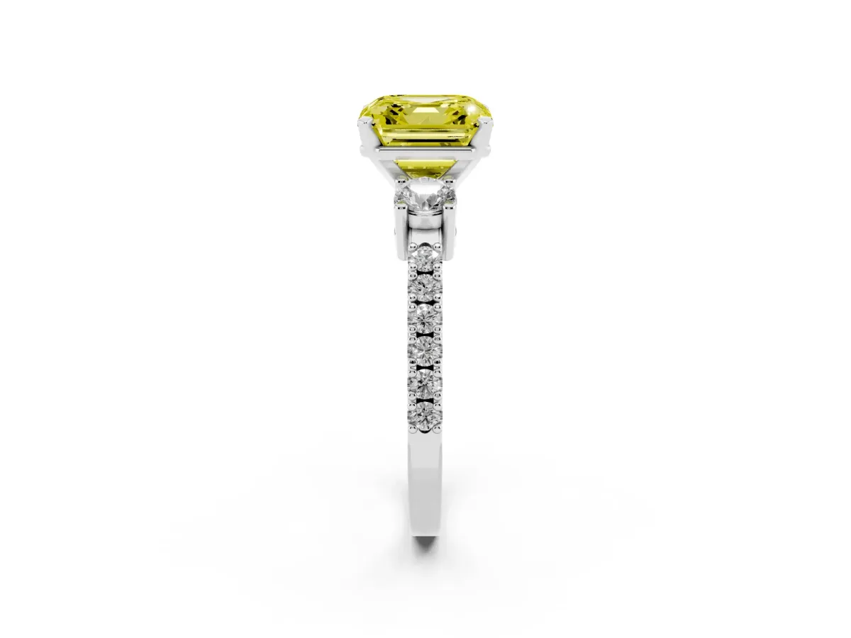 Fancy Yellow Asscher Cut Three-Stone Diamond Pavé Band with Prong Setting Silver
