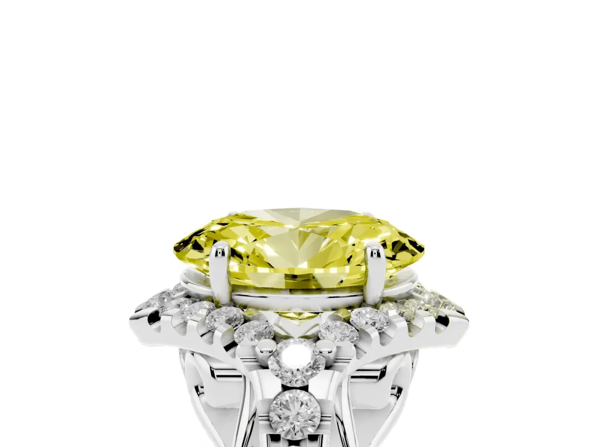 Fancy Yellow Oval Cut Diamond Solitaire Ring with Hidden Halo and Pavé Band Silver