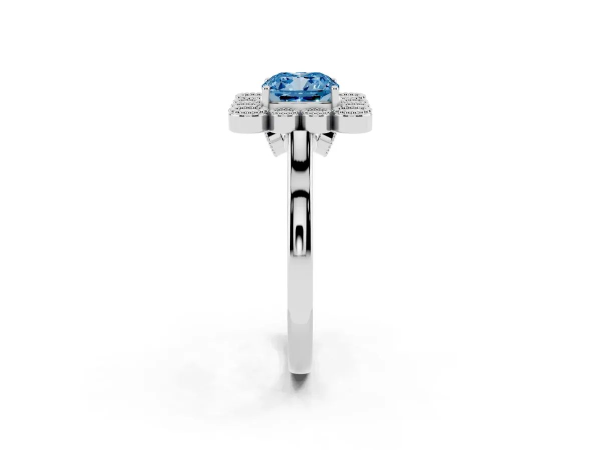Fancy Blue Cushion Cut Halo Diamond Cluster Engagement Ring with Milgrain Bezel Setting and Solitaire Band White gold
