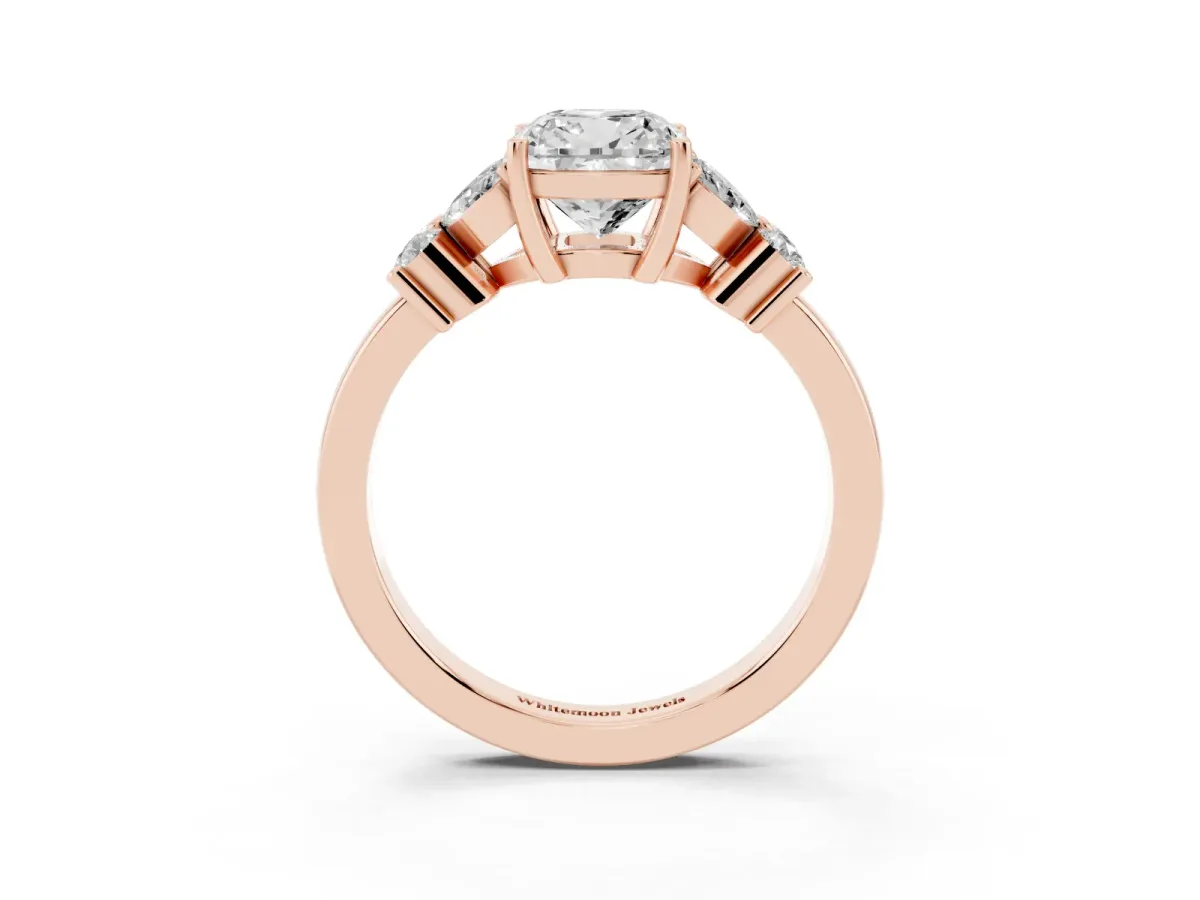 Cushion Cut Diamond Floral Cluster Ring with Solitaire Band and Prong Setting Rose gold