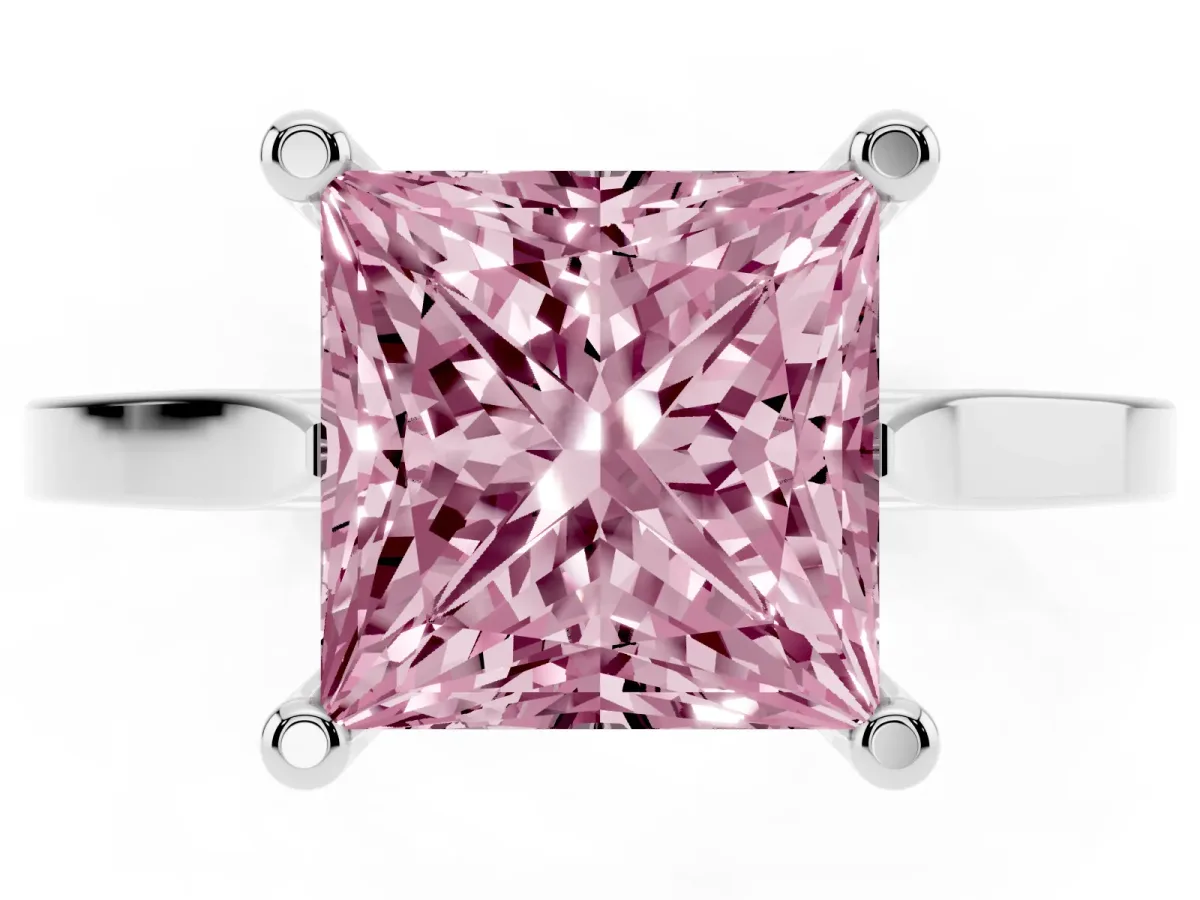 Fancy Pink Princess Cut Solitaire Diamond Ring with Four-Prong Setting and Tapered Band Silver