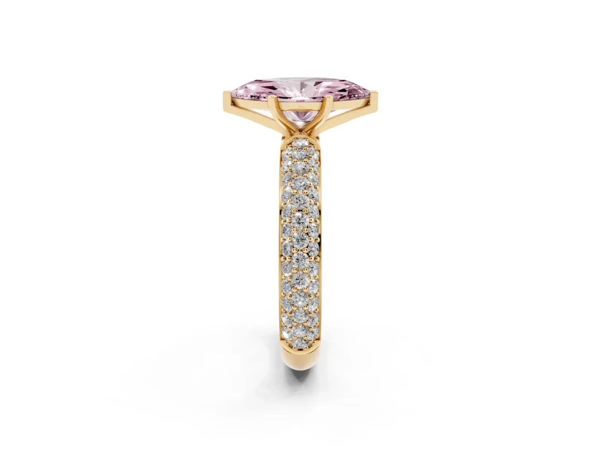 Fancy Pink Marquise Cut Diamond Solitaire Ring with Prong Setting and Pavé Band Yellow gold