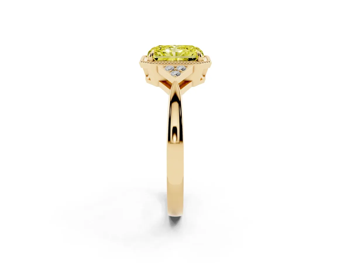 Fancy Yellow Hexagonal Halo Radiant Cut Diamond Solitaire with Pavé Band and Four-Prong Setting Yellow gold