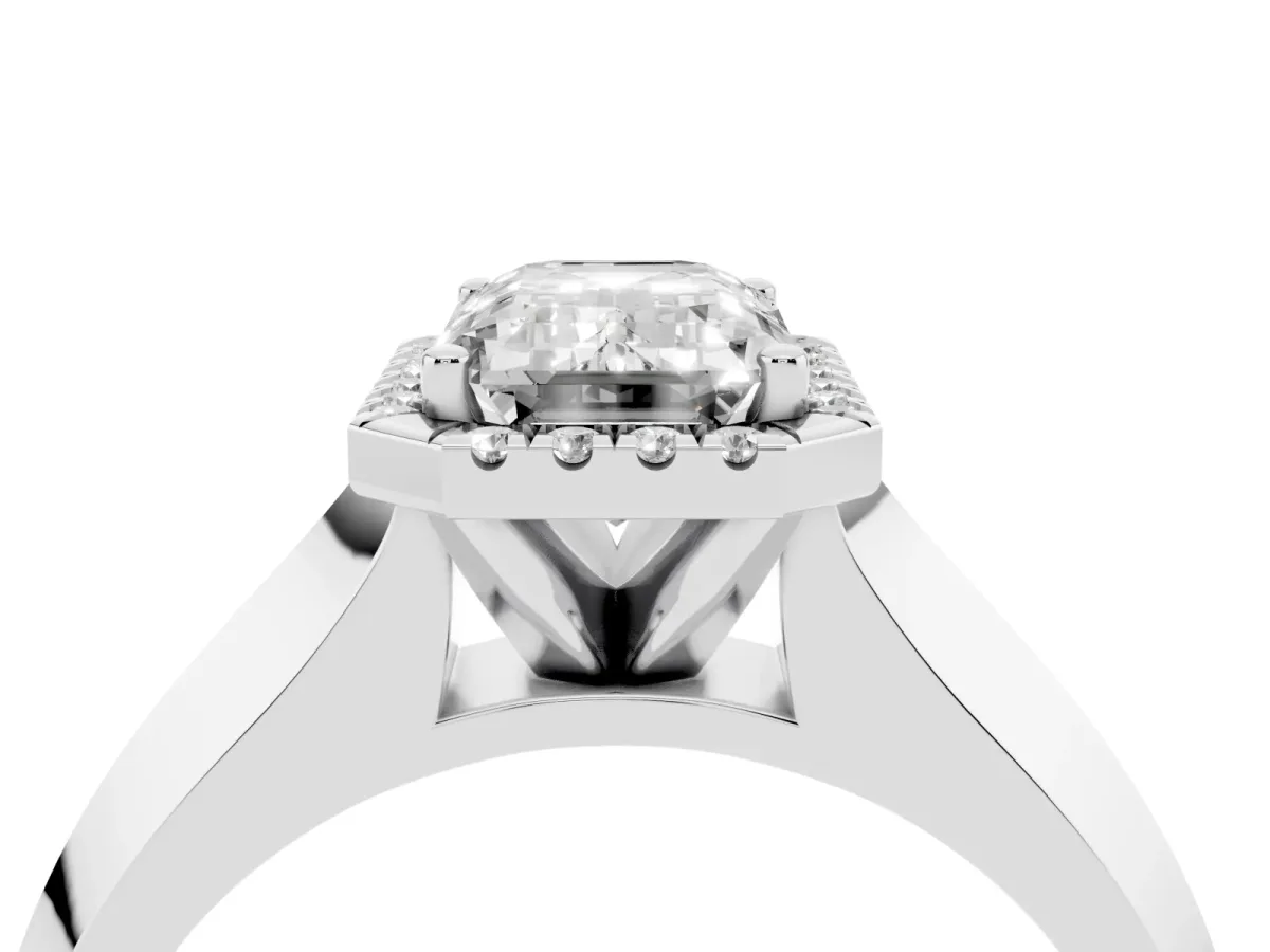 Emerald Cut Halo Diamond Ring with Cathedral Band and Four-Prong Setting White gold