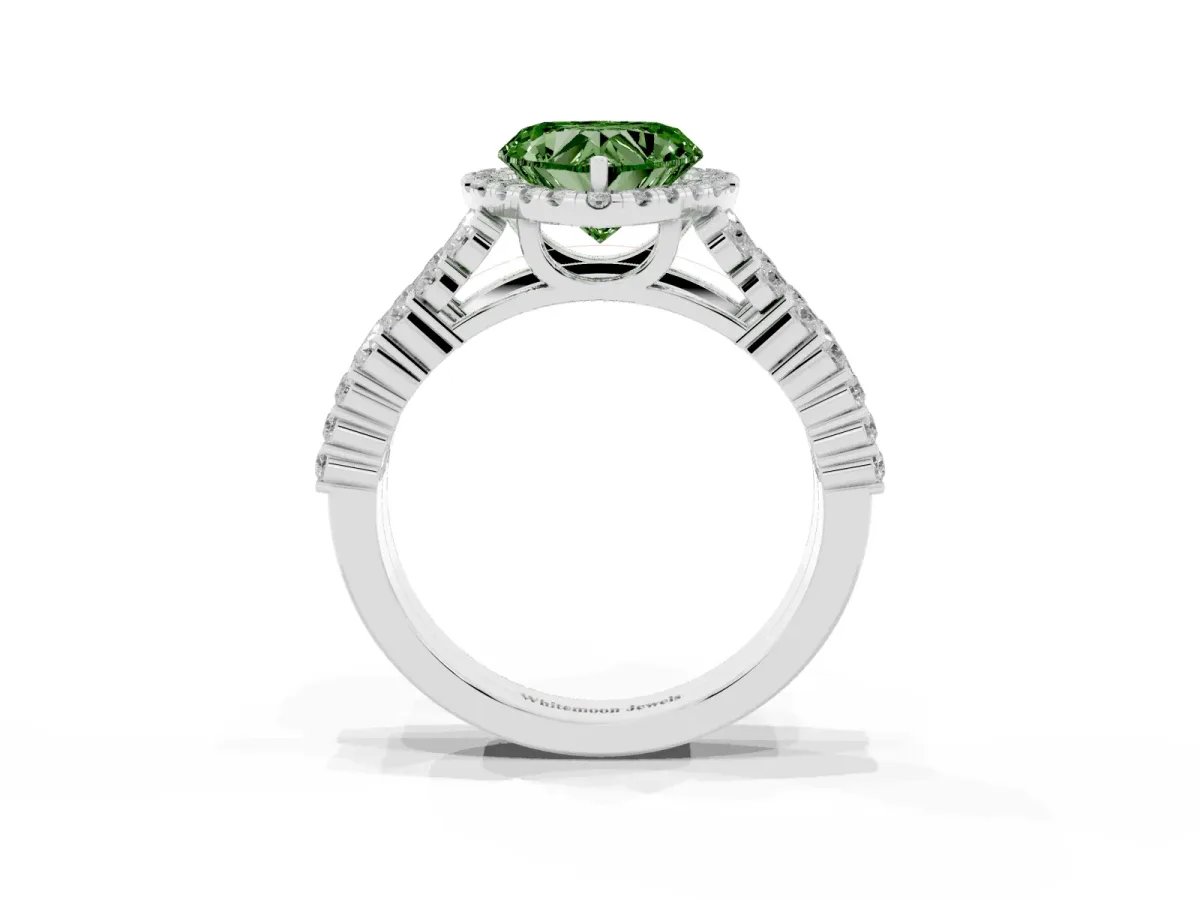 Fancy Green Heart Cut Diamond Halo Engagement Ring with Triple Row Round Pavé Band and Prong Setting Silver